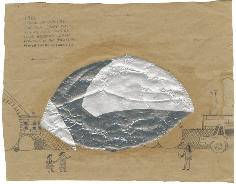 Esther P. Watson, Stuck in Dallas, 2014, pencil with foil on paper