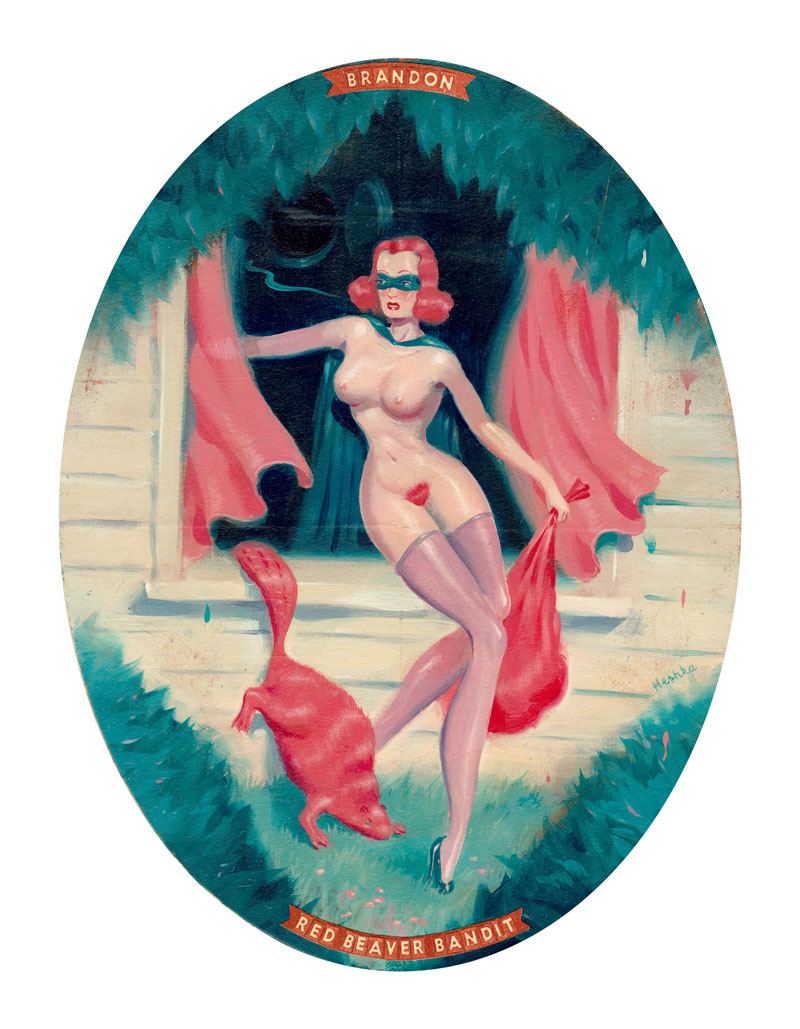 Ryan Heshka, Red Beaver Bandit, 2015, acrylic and mixed on ill board, 19x14 cm
