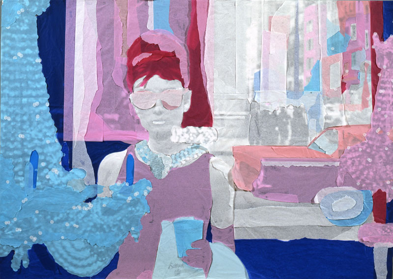 Andrea Mastrovito, Colazione da Tiffany, 2008, spilli e carta velina su poster su polistirene, 100x70 cm