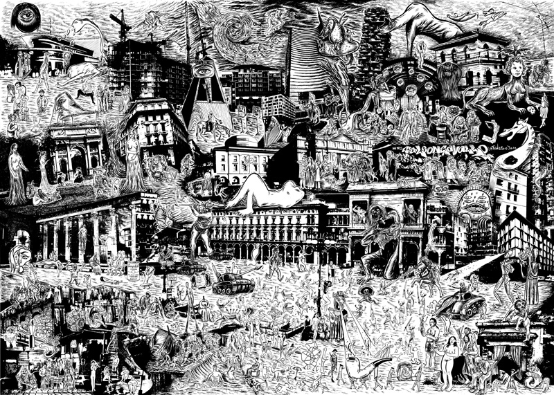 Hurricane, La famosa invasione degli artisti a Milano, 2015, mixed media on paper, 70x97 cm
