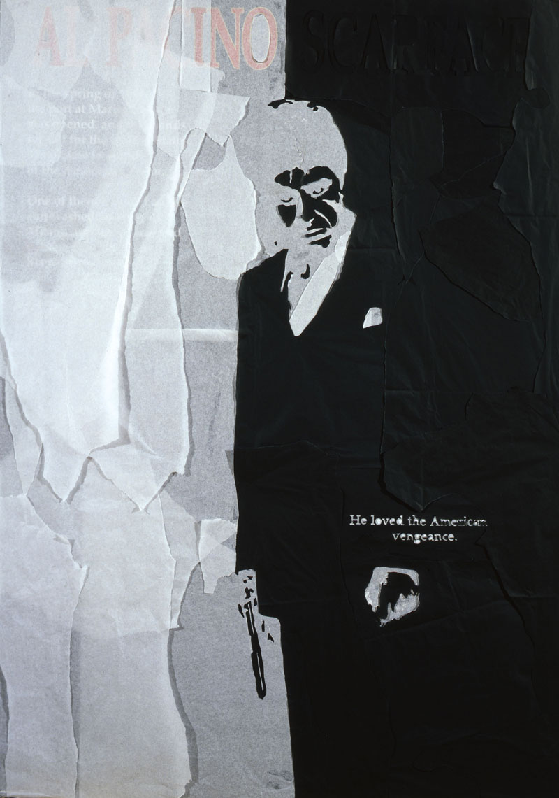 Andrea Mastrovito, Scarface, 2008, spilli e carta velina su poster su polistirene, 140x100 cm