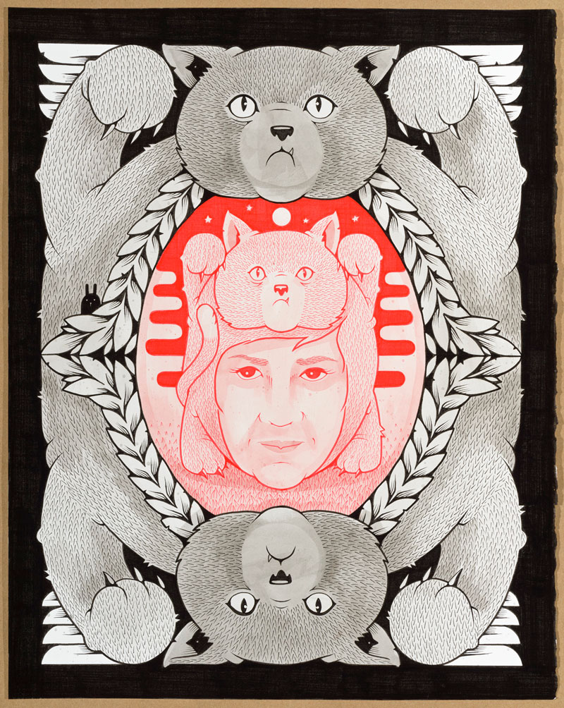 Jeremy Fish, LOVE AND COMPANIONSHIP, 2015, ink on paper, hand carved wood frame, 40,6x50,8 cm