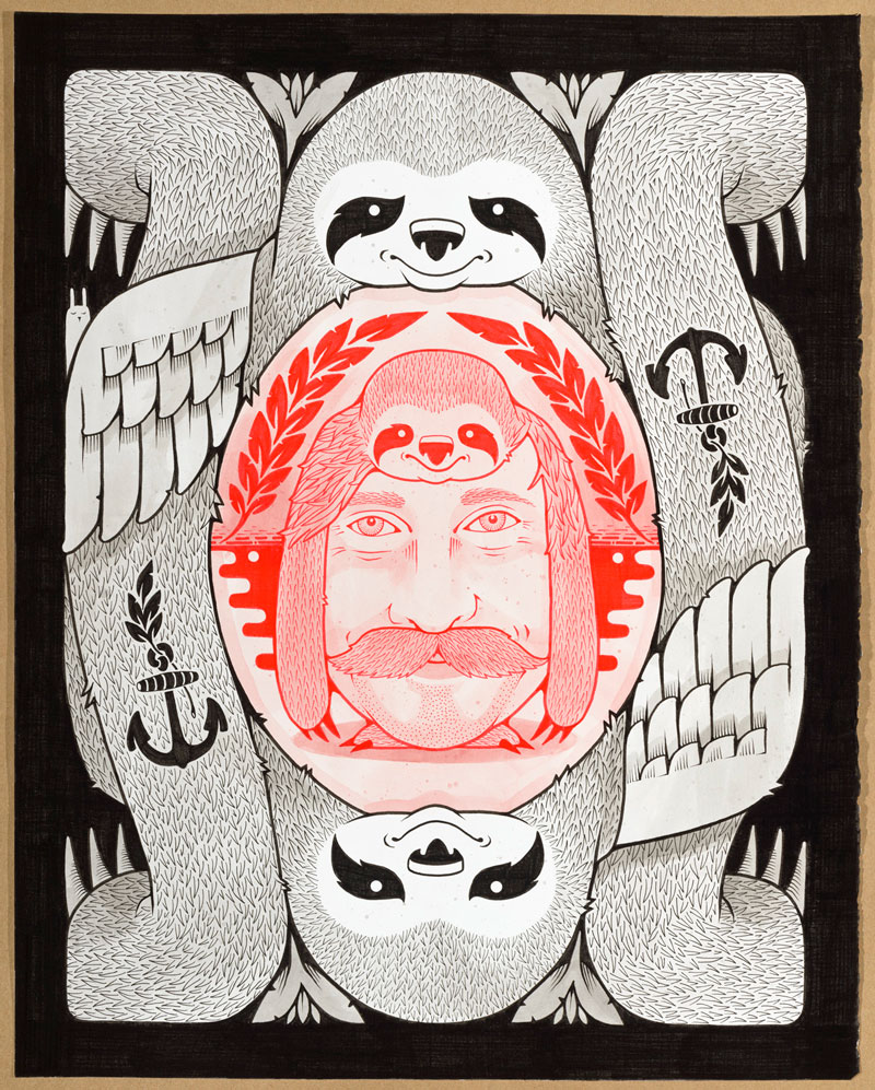 Jeremy Fish, TRUTH AND FRIENDSHIP, 2015, ink on paper, hand carved wood frame, 40,6x50,8 cm