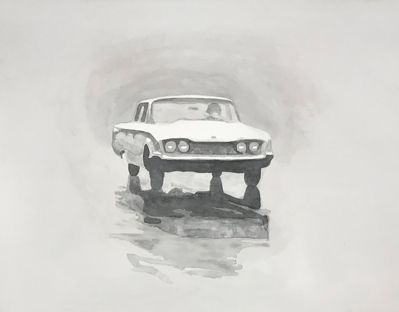 Joshua-Huyser,-a-car-in-the-rain,-watercolor-on-paper,-35.5cm-x-44.5cm,-2018