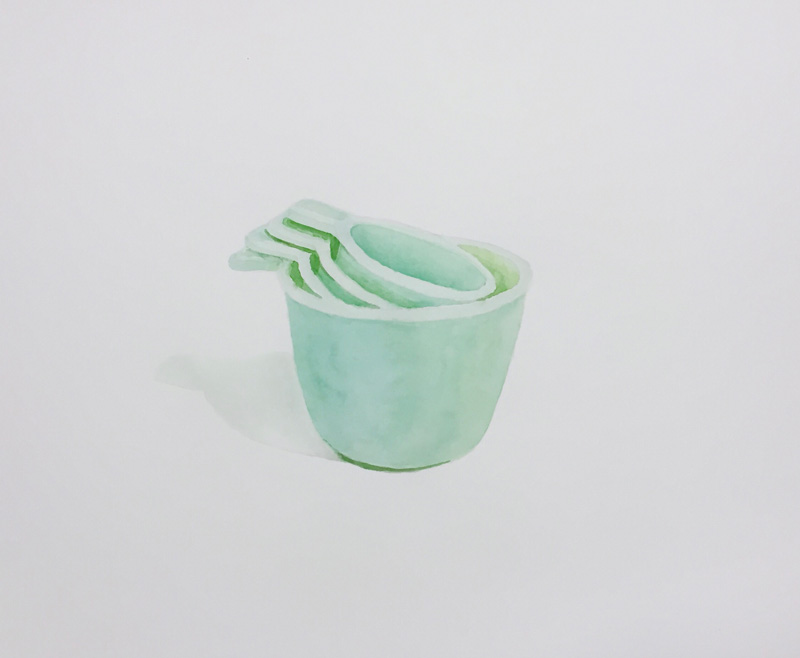 Joshua-Huyser,-plastic-measuring-cups,-watercolor-on-paper,-36cm-x-44.7cm,-2016
