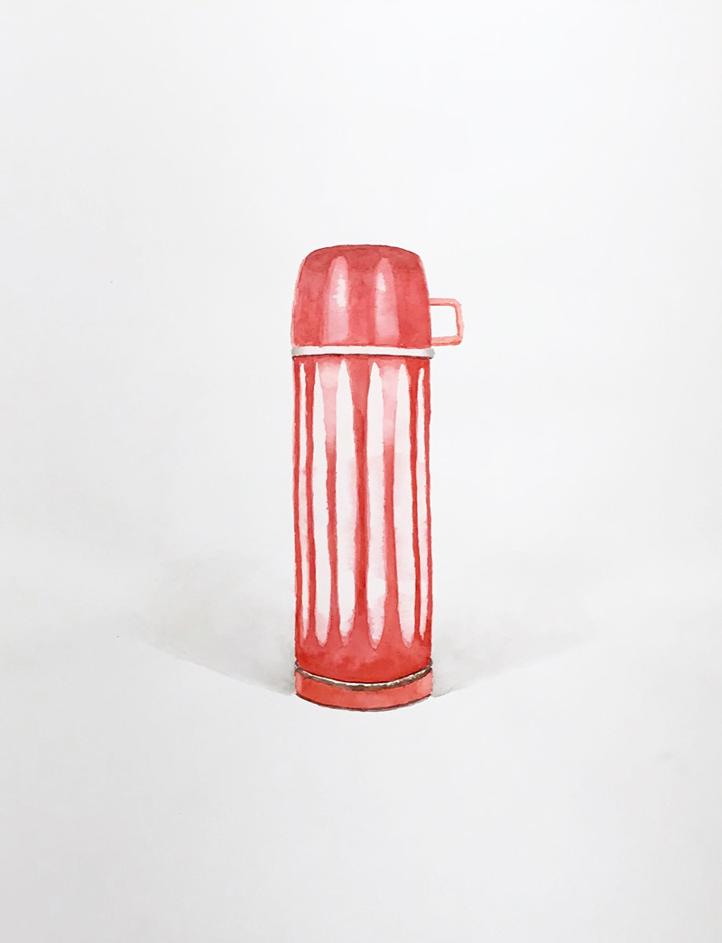 Joshua-Huyser,-vertically-striped-thermos,-watercolor-on-paper,-44.5cm-x-35.5cm,–2015