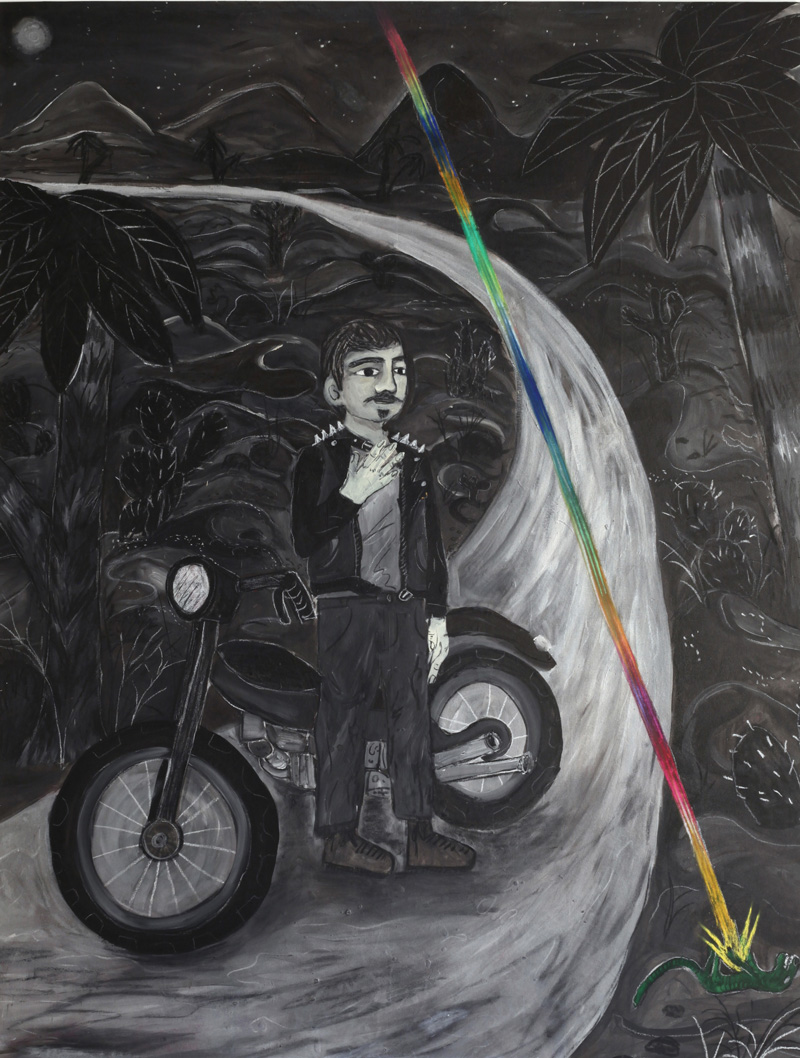 Andrea Fiorino, Giorgio e la lucertola del deserto, 2018, mixed media on canvas, 165×125 cm