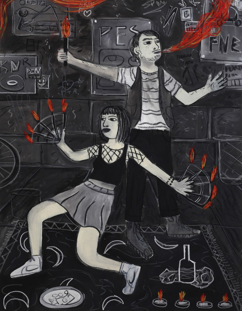 Andrea Fiorino, Mangia fuoco, 2018, mixed media on canvas, 119×93 cm