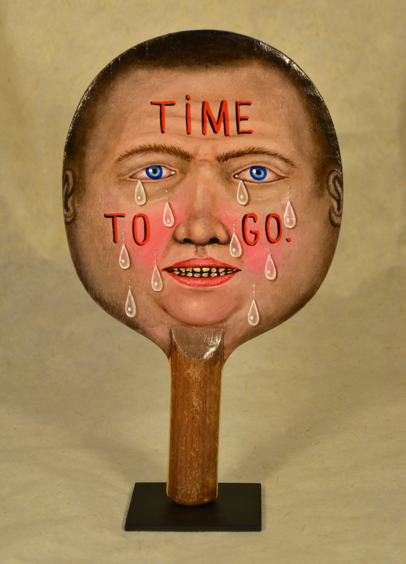 Fred Stonehouse, Time to go, 2018, acrylic on vintage ping-pong paddle, 26×16,5 cm