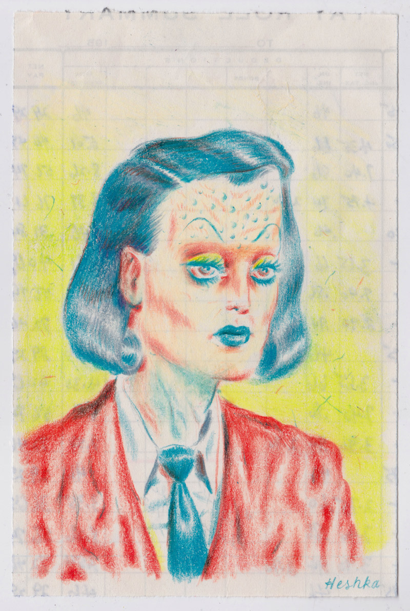 Ryan Heshka, Doctor Marva, 2018, pencil crayon on paper, 18×12 cm
