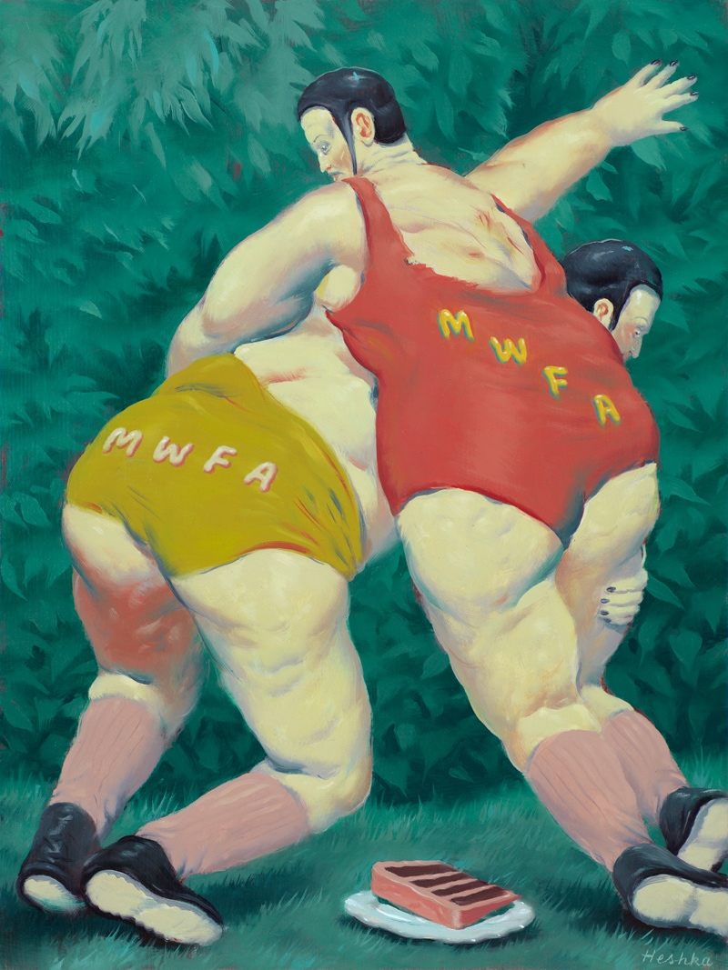 Ryan Heshka, #MWFA (Men with fat asses), 2018, oil on cradled wood panel, 30×22 cm