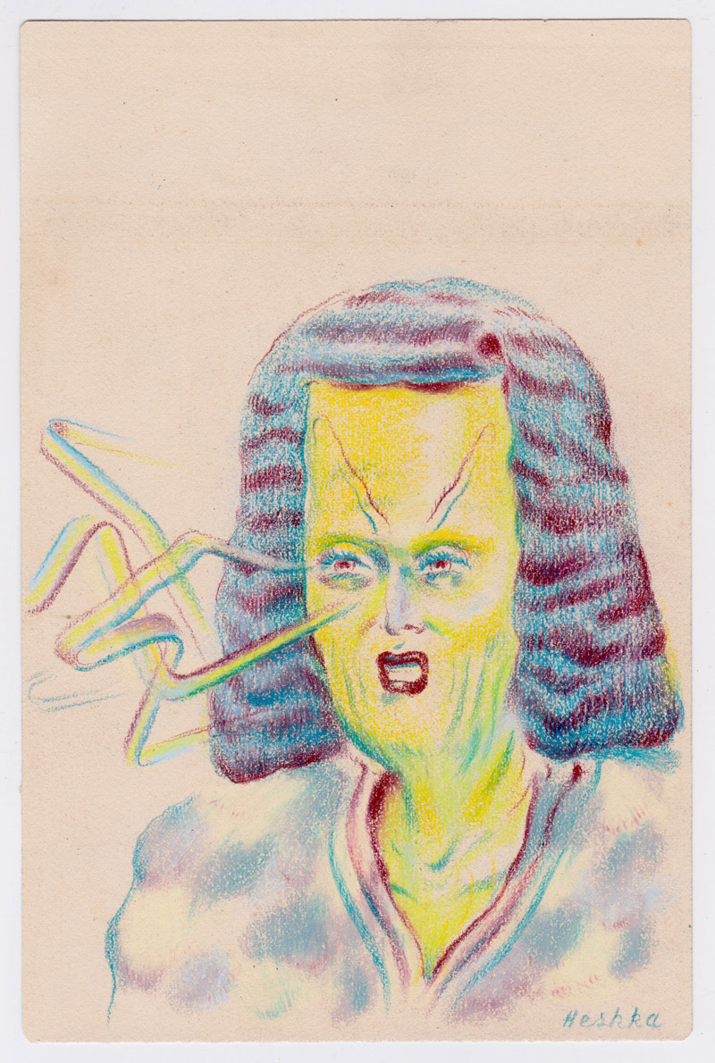 Ryan Heshka, Ribbon Vision Assassin, 2018, pencil crayon on paper, 18×12 cm