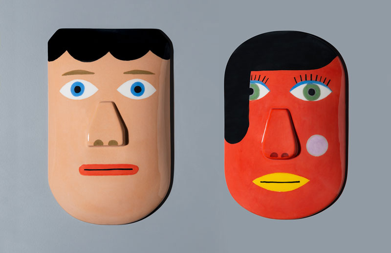 Andy Rementer, Doppelgȁnger, 2019, handmade ceramic masks, limited edition of 15, 27x17x4,5 cm and 28,5x18x5,5 cm
