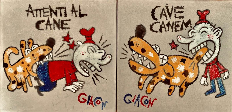 Massimo-Giacon,-Cave-Canem–Attenti-al-cane,-2019,-piastrelle-dipinte-a-mano,-15×15-cm-l’una
