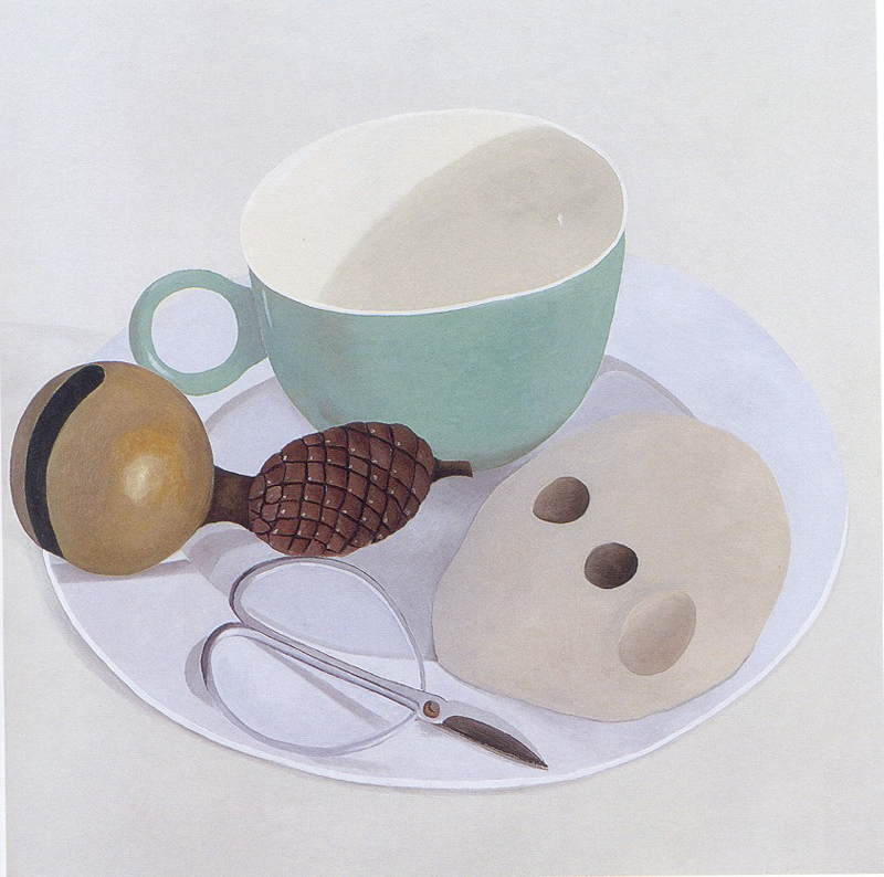 Nathalie Du Pasquier, Piatto con forbice, tazza, sasso, pigna e campanello, 1999, olio su tela, 130×130 cm