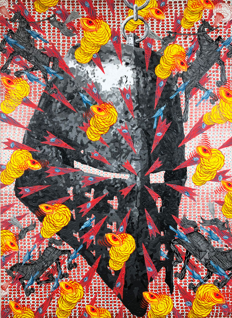 Andrew Schoultz, War Helmet Explosion, 2019, acrylic on canvas mounted on panel, 70 x 65 cm