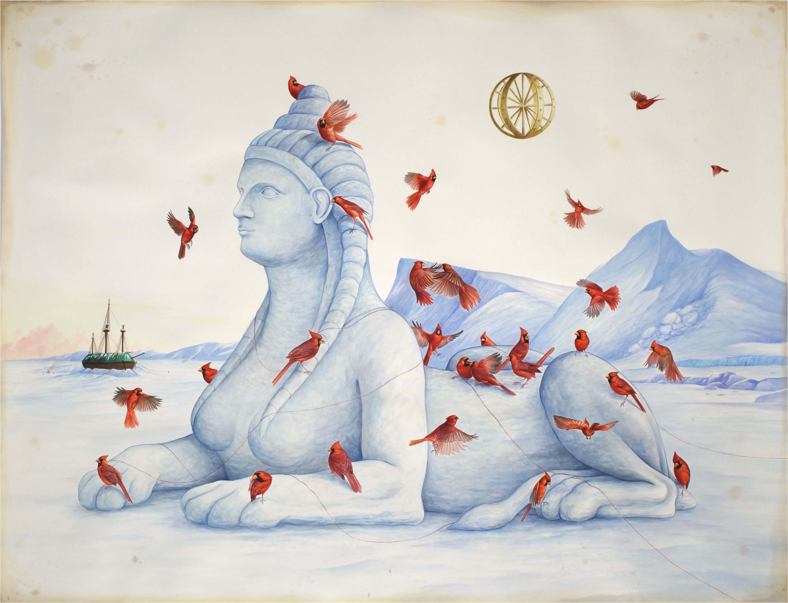 El Gato Chimney, Riddles in the snow, 2018, watercolors and mixed media on paper, 200×153 cm