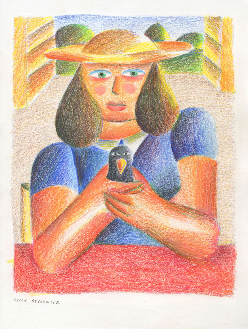 Andy Rementer, Uccellino, 2020, colored pencil on paper, 30,5x22,9 cm
