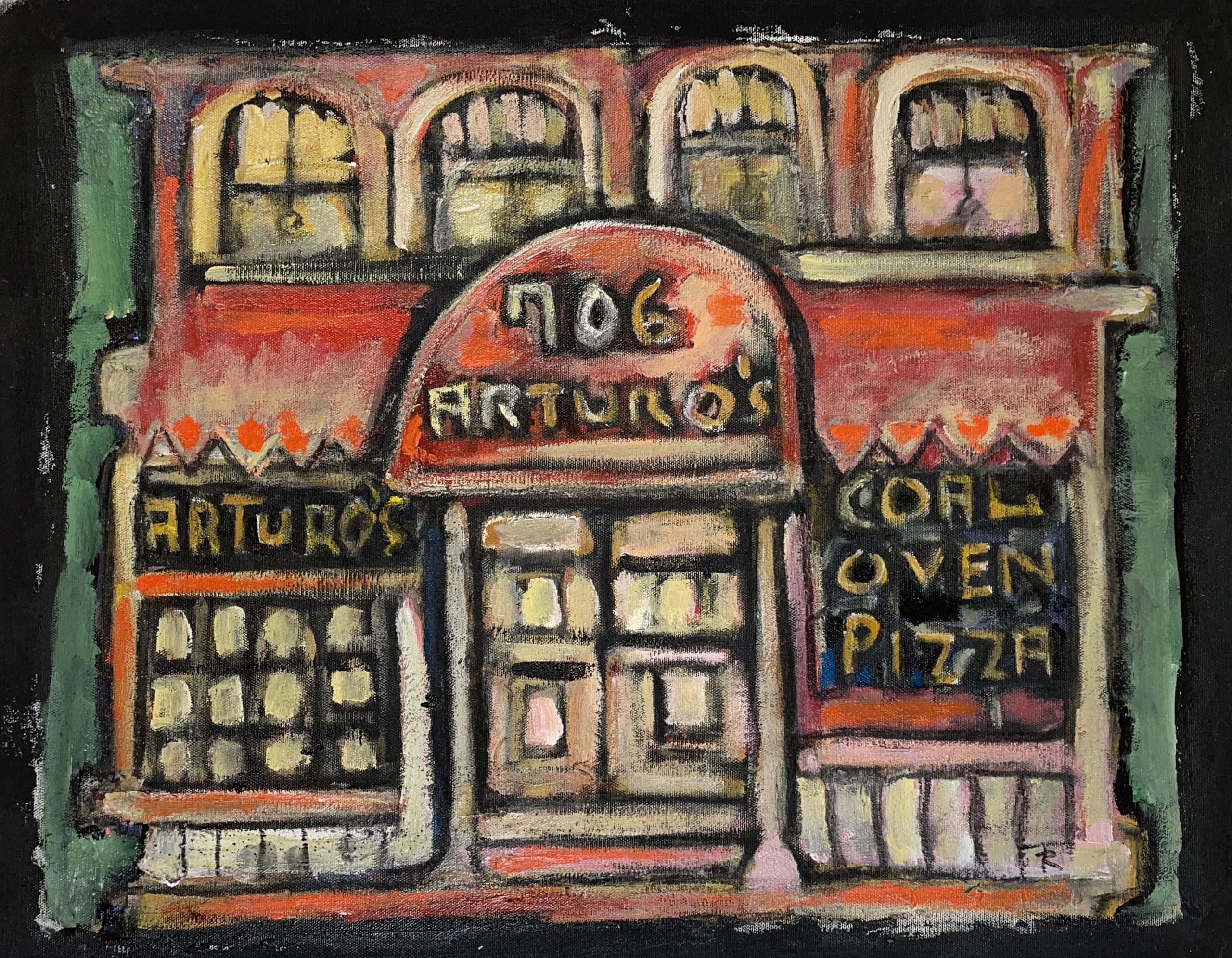 Tom Russell, Arturo’s coal-oven pizza 706 W Houston, NYC, 2018, acrylic on canvas, 45×40 cm
